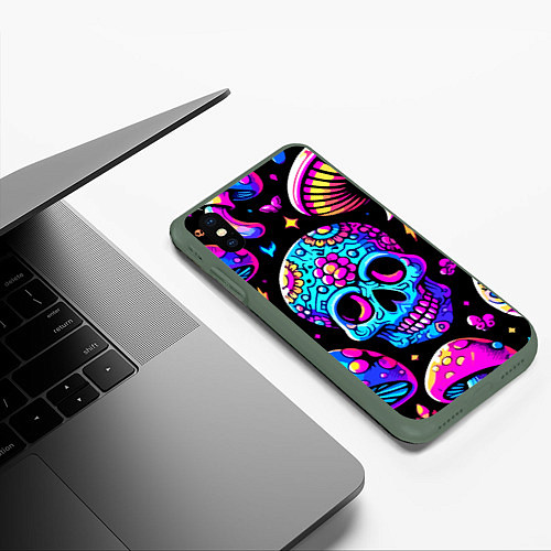 Чехол iPhone XS Max матовый Мексиканский череп и мухомор - неоновое свечение / 3D-Темно-зеленый – фото 3