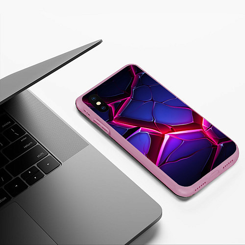 Чехол iPhone XS Max матовый Темные синие плиты и фиолетовый свет / 3D-Розовый – фото 3