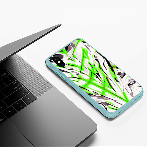 Чехол iPhone XS Max матовый Чёрно-зелёная агрессивная абстракция на белом фоне / 3D-Мятный – фото 3