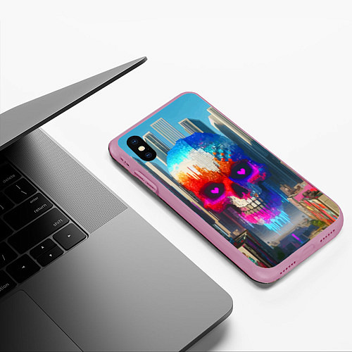 Чехол iPhone XS Max матовый Цветной череп в мегаполисе - нейроарт / 3D-Розовый – фото 3