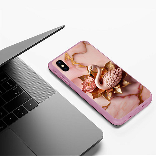 Чехол iPhone XS Max матовый Розовый мраморный фламинго и лотос / 3D-Розовый – фото 3