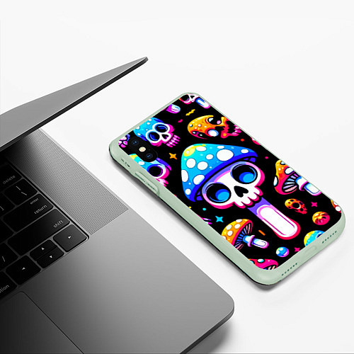 Чехол iPhone XS Max матовый Ice cream skull and fly agaric - ai art fantasy / 3D-Салатовый – фото 3