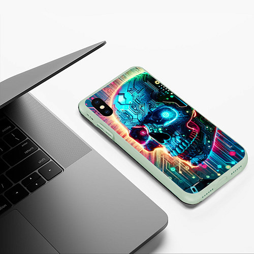 Чехол iPhone XS Max матовый Cool cyber skull - neon glow / 3D-Салатовый – фото 3