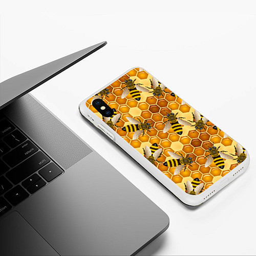 Чехол iPhone XS Max матовый Пчелиный цветной паттерн / 3D-Белый – фото 3