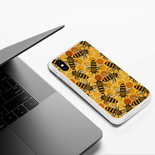 Чехол iPhone XS Max матовый Пчелы на сотах паттерн / 3D-Белый – фото 3