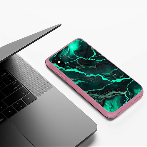 Чехол iPhone XS Max матовый Бирюзовый мрамор / 3D-Малиновый – фото 3