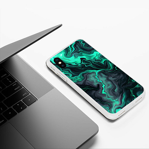 Чехол iPhone XS Max матовый Бирюзовый мрамор на черном фоне / 3D-Белый – фото 3