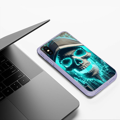 Чехол iPhone XS Max матовый Скелет в балахоне - граффити кибер-хакер / 3D-Светло-сиреневый – фото 3