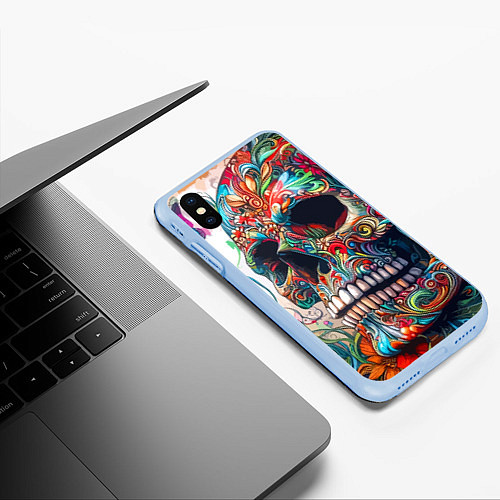 Чехол iPhone XS Max матовый Орнаментальный череп с тремя бабочками - граффити / 3D-Голубой – фото 3