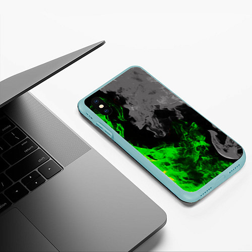 Чехол iPhone XS Max матовый Зелёный и чёрный огонь / 3D-Мятный – фото 3