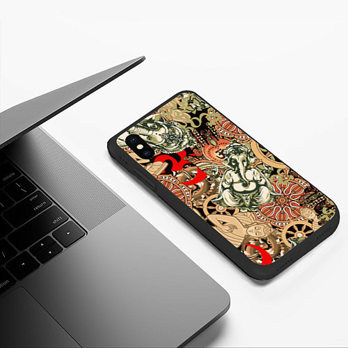 Чехол iPhone XS Max матовый Будда и Ганеша на фоне сансары и мандалы / 3D-Черный – фото 3