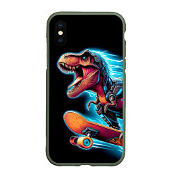 Чехол iPhone XS Max матовый Cool Dino on a skateboard - neon glow fantasy, цвет: 3D-темно-зеленый