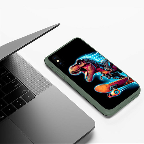 Чехол iPhone XS Max матовый Cool Dino on a skateboard - neon glow fantasy / 3D-Темно-зеленый – фото 3