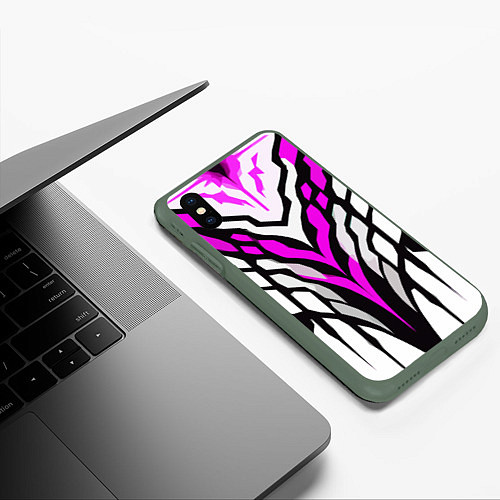 Чехол iPhone XS Max матовый Агрессивные чёрно-розовые полосы на белом фоне / 3D-Темно-зеленый – фото 3