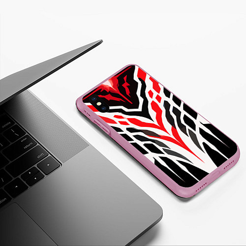 Чехол iPhone XS Max матовый Агрессивные красно-белые полосы на чёрном фоне / 3D-Розовый – фото 3