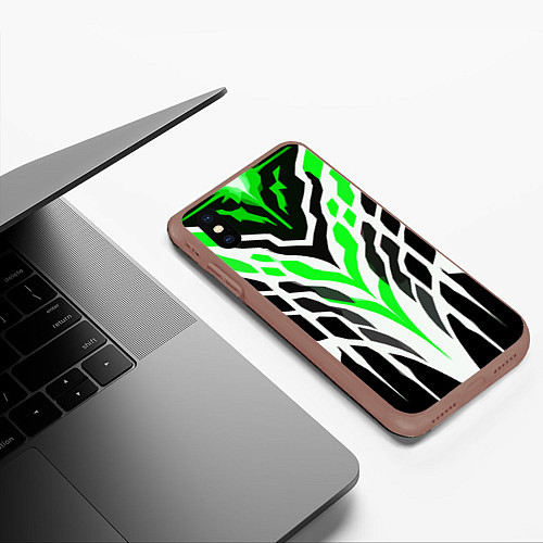 Чехол iPhone XS Max матовый Агрессивные зелёно-белые полосы на чёрном фоне / 3D-Коричневый – фото 3