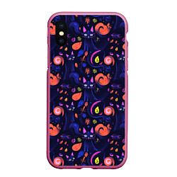 Чехол iPhone XS Max матовый Черные кошки - паттерн, цвет: 3D-малиновый