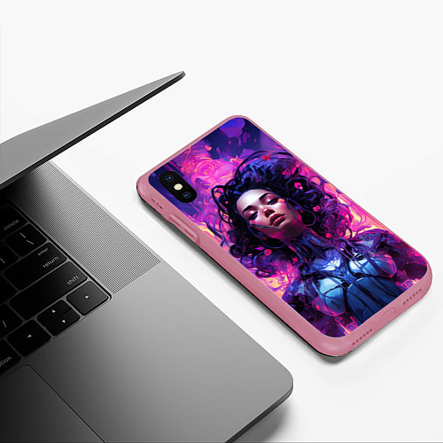 Чехол iPhone XS Max матовый Девушка в стиле киберпанк с развевающимися волосам / 3D-Малиновый – фото 3