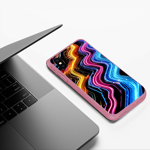 Чехол iPhone XS Max матовый Неоновые полосы - нейроарт / 3D-Малиновый – фото 3