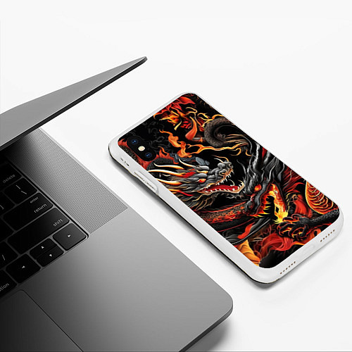 Чехол iPhone XS Max матовый Огненные драконы в стиле тату ирезуми на черном / 3D-Белый – фото 3