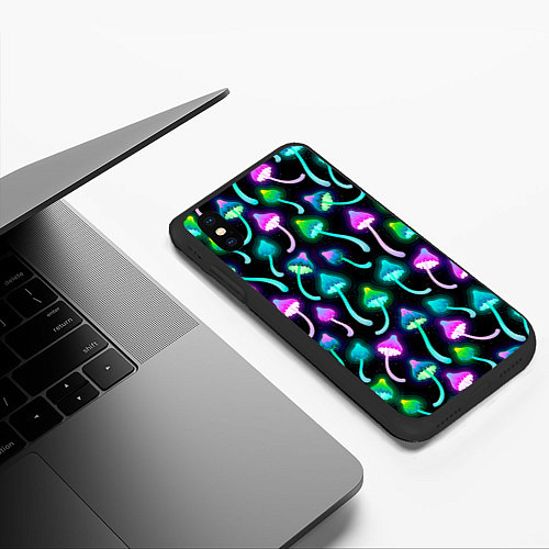 Чехол iPhone XS Max матовый Разноцветные неоновые грибы паттерн / 3D-Черный – фото 3