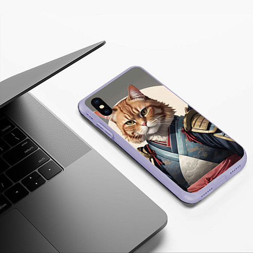 Чехол iPhone XS Max матовый Красивый кот самурай / 3D-Светло-сиреневый – фото 3