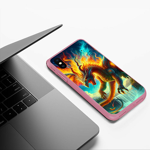 Чехол iPhone XS Max матовый Огненный дракон над водопадом - нейроарт / 3D-Малиновый – фото 3