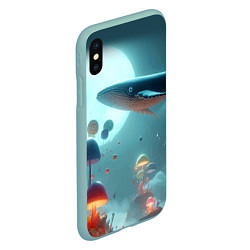 Чехол iPhone XS Max матовый Плывущий по небу кит среди грибов - фантазия, цвет: 3D-мятный — фото 2