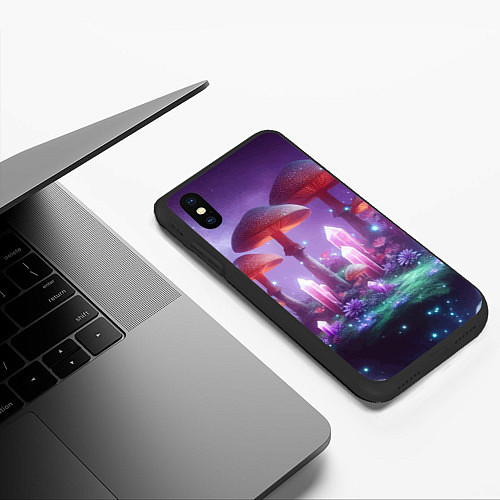 Чехол iPhone XS Max матовый Неоновые грибы и кристаллы в космосе - фантазия / 3D-Черный – фото 3