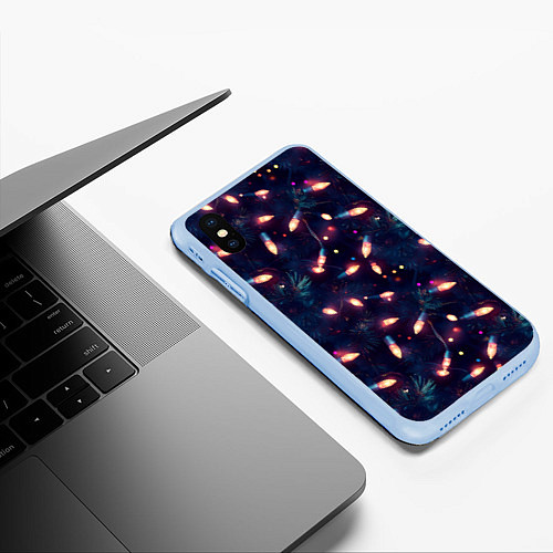 Чехол iPhone XS Max матовый Паттерн новогодняя гирлянда / 3D-Голубой – фото 3