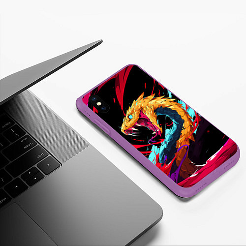 Чехол iPhone XS Max матовый Злая желтая змея / 3D-Фиолетовый – фото 3