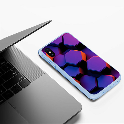 Чехол iPhone XS Max матовый Неоновые трехмерные соты / 3D-Голубой – фото 3