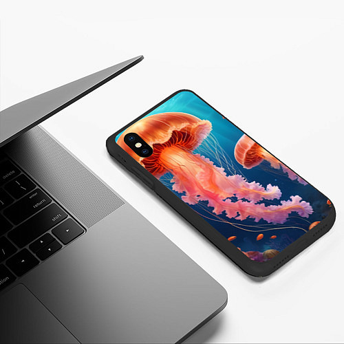 Чехол iPhone XS Max матовый Подводный мир медузы / 3D-Черный – фото 3