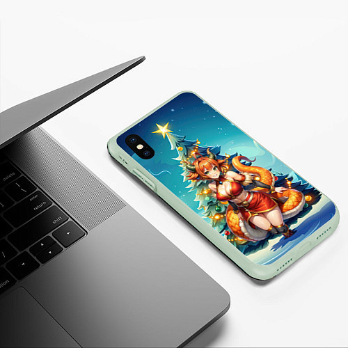 Чехол iPhone XS Max матовый Рыжая девушка змея на фоне елочки / 3D-Салатовый – фото 3