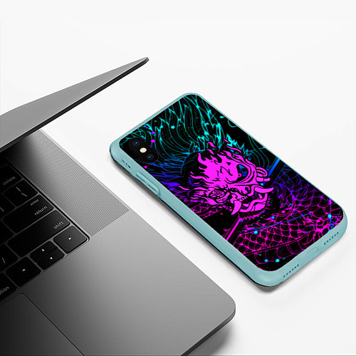 Чехол iPhone XS Max матовый Cyberpunk 2077 dragon neon / 3D-Мятный – фото 3