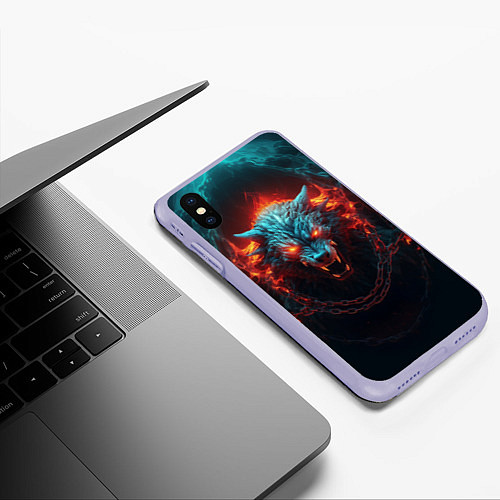 Чехол iPhone XS Max матовый Агрессивный волк с горящими глазами / 3D-Светло-сиреневый – фото 3