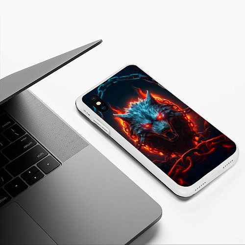 Чехол iPhone XS Max матовый Агрессивный волк в цепях / 3D-Белый – фото 3