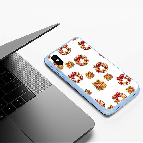 Чехол iPhone XS Max матовый Много новогодних пончиков и подарков с бантиком и / 3D-Голубой – фото 3