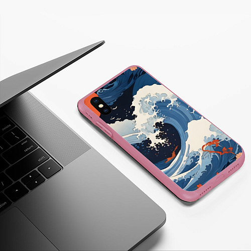 Чехол iPhone XS Max матовый Япония волны алые цветы / 3D-Малиновый – фото 3