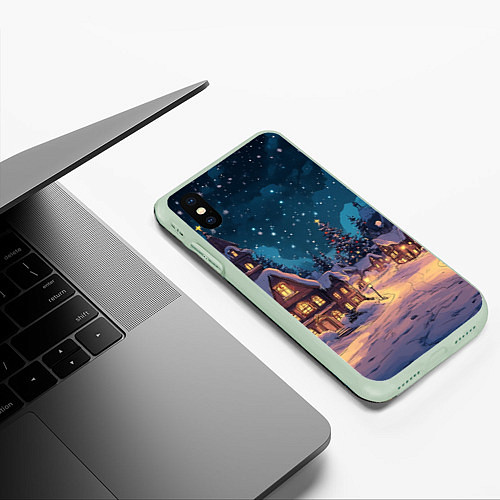 Чехол iPhone XS Max матовый Новогодний ламповый ночной город / 3D-Салатовый – фото 3