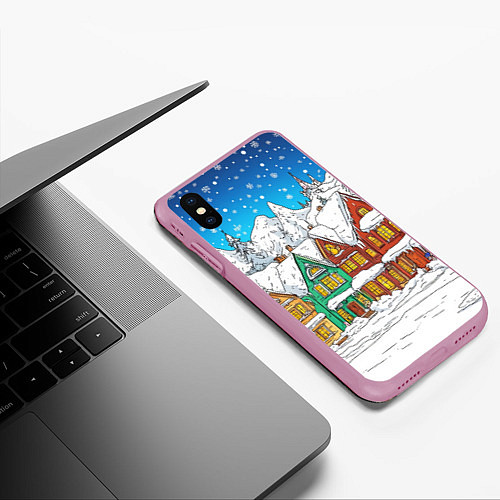 Чехол iPhone XS Max матовый Яркий рисованный снежный городок / 3D-Розовый – фото 3