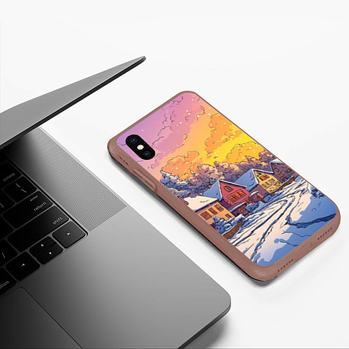 Чехол iPhone XS Max матовый Заснеженная улица с домами / 3D-Коричневый – фото 3