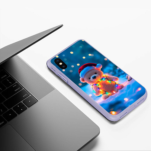 Чехол iPhone XS Max матовый Мишка в гирлянде / 3D-Светло-сиреневый – фото 3