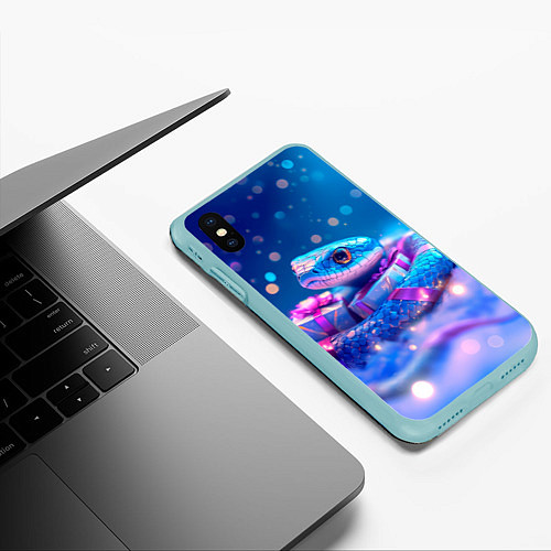 Чехол iPhone XS Max матовый Новогодняя змейка с подарком / 3D-Мятный – фото 3