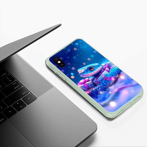 Чехол iPhone XS Max матовый Новогодняя змейка с подарком / 3D-Салатовый – фото 3