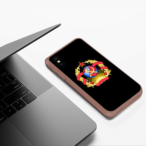 Чехол iPhone XS Max матовый Патриотический герб СССР / 3D-Коричневый – фото 3