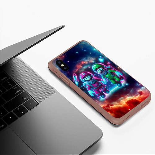 Чехол iPhone XS Max матовый Марио и Луиджи в открытом космосе - неоновое свече / 3D-Коричневый – фото 3