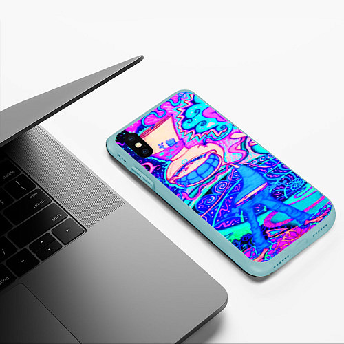 Чехол iPhone XS Max матовый Неоновые краски хиппи / 3D-Мятный – фото 3