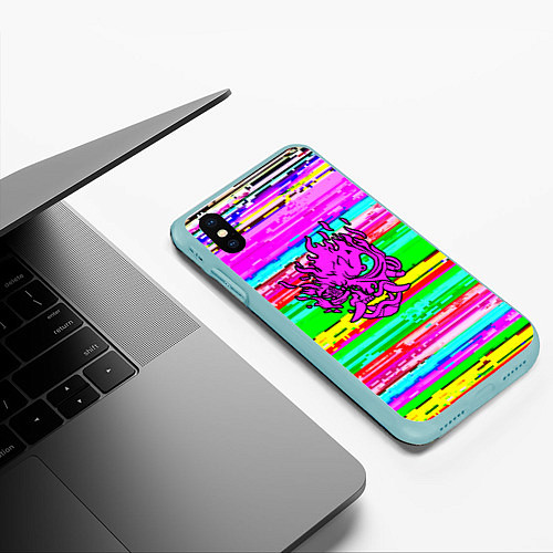 Чехол iPhone XS Max матовый Cyberpunk 2077 радужные полосы / 3D-Мятный – фото 3