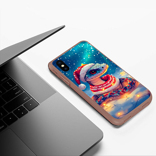 Чехол iPhone XS Max матовый Новогодняя змея в шарфе / 3D-Коричневый – фото 3